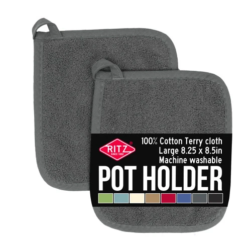 Ritz Terry 100% Cotton Potholders - Heat Resistant, Ergonomic Grip, Machine Washable - Graphite, 2-Pack