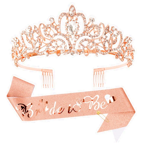 CIEHER Bride To Be Sash & Bride Crown Kit, CIEHER Bridal Shower Decorations Rose Gold Bachelorette Party Decorations Queen Princess Crown for Women Girls, Bridal Tiara Gifts for Bride Crytal Crown and