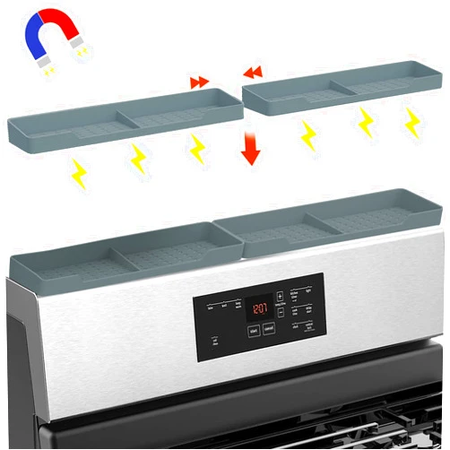 BLADOPIA 30 Inch - Silicone Magnetic Stove Top Shelf - 4 Functional Partitions - Heat Resistant - Over The Stove Spice Rack for Back of Stove - Above Stove Spice Organizer for Kitchen Stove