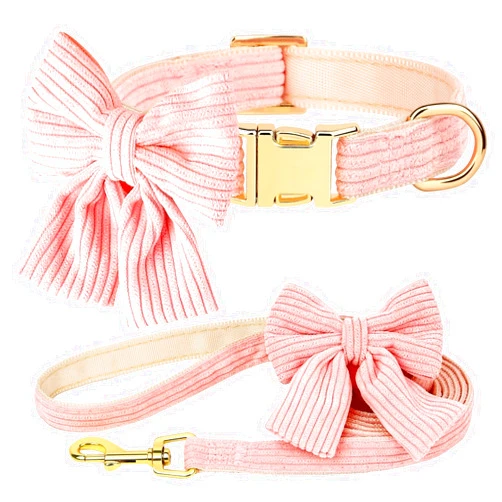 Didog Dog Collar and Leash Set with Bowtie, Girl Dog Collars Metal Buckle Adjustable for Small Medium Dogs(Pink, S)