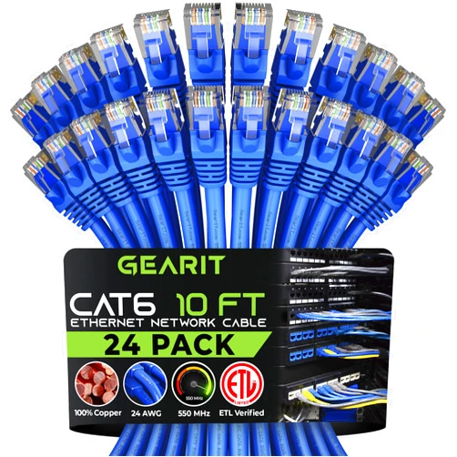 GearIT 24-Pack, Cat 6 Ethernet Cable Cat6 Snagless Patch 10 Feet - Snagless RJ45 Computer LAN Network Cord, Blue - Compatible with 24 48 Port Switch POE Rackmount 24port Gigabit