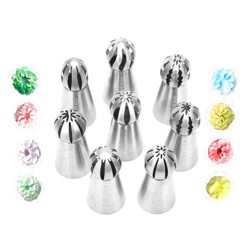BravOne 8 PCS Russian Piping Tips Set, BravOne Stainless Steel Russian Piping Ball Tips Flower Frosting Tips Icing Tips Piping Nozzles Cake Decorating Tips Kit