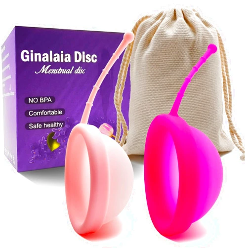 Ginalaia Menstrual Disc, Reusable Medical-Grade Silicone Period disc for Women - Wear 12 Hours - Removal String (Red+Pink, L+S)