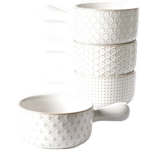 LE TAUCI French Onion Soup Bowls, 18 Ounce Soup Bowls With Handles for Chili, Beef Stew, French Onion Soup Crocks Oven Safe - 5 inch, Set of 4, Arctic White