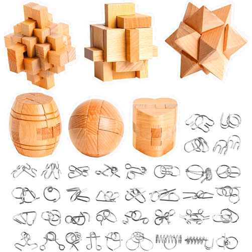 Bling Musae 42 PCS Metal & Wooden Brain Teasers Puzzles Kit -Unlock Interlock Puzzles Box Coils for Adults Mind IQ Logic Test Disentanglement Games Educational Toys School Office Supplies WP10