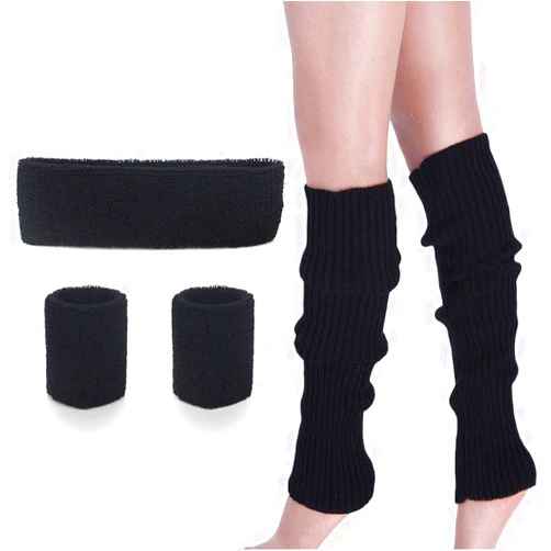 KQueenStar 80s Leg Warmers Set - Women 80s Knitted Leg Warmers Running Headband Wristbands 80s Theme Party Supplies - Black