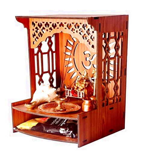 HFW HANDICRAFT FURNITURE WALA Pooja Stand Puja Mandir for Home Shop Office Wood Temple Wall Mounted with Led Spot Light Size (H -15.5 L -12 W -11) in Engineered Wood(Teakwood Color)