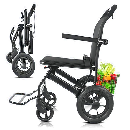 GLDDFDG Wheelchair Foldable Light Transport Wheelchair (10kg), Rollator Narrow for Apartment, Travel Wheelchair, Seat 45 cm, Wheelchair Self-propelled for Seniors, Portable Wheelchair,Schwarz