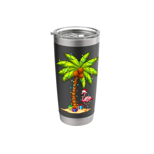 FunWearVM Flamingo Santa Hat Palm Tree Merry Christmas Lights Stainless Steel Insulated Tumbler