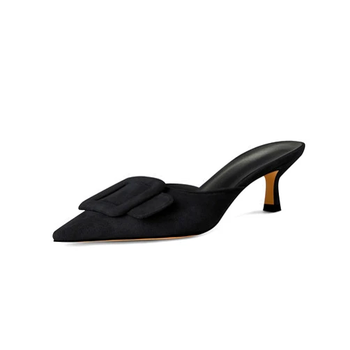 Volrina Kitten Heel Mules Sandals for Women Pointed Toe Square Buckle Backless Slip on Suede Stiletto Dress Heeled Sandals Wedding Party Shoes