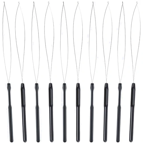 Zonon 10 Pieces Hair Extension Loop Needle Threader Pulling Hook Tool and Bead Device Tool Black Loop Threader for Hair or Feather Extensions (Black)
