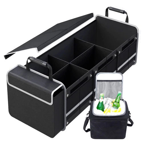 Snuopfy Car Trunk Organizer,115L Heavy Duty Collapsible Car Trunk Storage Organizer, with Insulated Leakproof Cooler Bag Car Cargo Trunk Organizer with Lid, 3 Compartments, Straps For Car Suv,Jeep,Sedan-Black