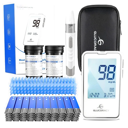 Glucoracy Blood Glucose Monitor Kit with 100 Blood Sugar Test Strips & Lancets, Glucometer, Lancing Device, Travel Case, Diabetic Home Testing Kit