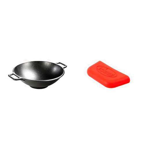 Lodge BOLD 14 Inch Seasoned Cast Iron Wok 2 BOLD Silicone Assist Handle Holders - Vibrant Red