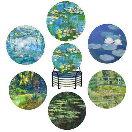 BoeshiBa Ceramic Coasters for Drinks with Cork Base Art Coasters Set - Use 6 Famous Claude Monet Paintings, Unique Housewarming Gifts for Home Decorative