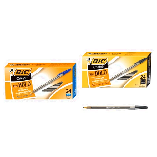BIC Cristal Xtra Bold Ballpoint Pen, Bold Point (1.6mm) For Vivid And Dramatic Lines, Blue, 24-Count & Cristal Xtra Bold Ballpoint Pen, Bold Point (1.6mm) For Vivid And Dramatic Lines, Black, 24-Count