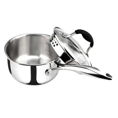 AVACRAFT Tri-Ply Stainless Steel Saucepan with Glass Strainer Lid, Two Side Spouts, Ergonomic Handle, Multipurpose Sauce Pan with Lid, Sauce Pot, Cooking Pot (Tri-Ply Full Body, 1.5 Quart)
