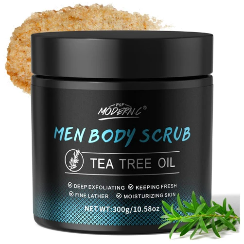 POP MODERN.C Men Body Scrub with Tea Tree Oil Exfoliating Body Scrub for Men Improve Odor Smooth Rough Skin Body Exfoliator Scrub for Back Chest Shoulders Butt Legs Mens Exfoliating Body Wash with 2% BHA 10% AHA