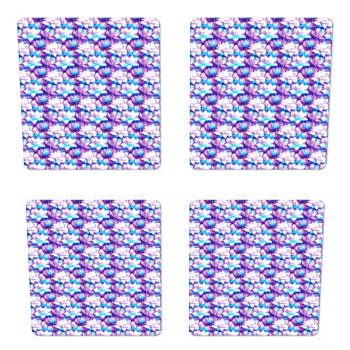 Ambesonne Floral Coaster Set of 4, Lotus Flower Bouquets Along Buds Discotic Color Blossoms Garden Artwork, Square Hardboard Gloss Coasters, Standard Size, Fuchsia and Lavender