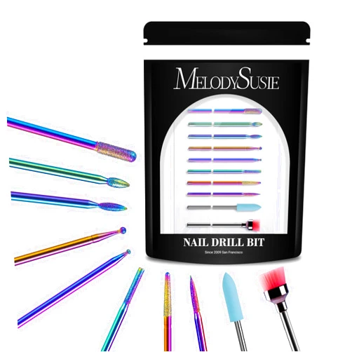 MelodySusie 10pcs Nail Drill Bits Set, 3/32 Inch Diamond Cuticle Nail Bits Kit for Nail Drill E-File, Manicure Pedicure Remover Tools for Acrylic Gel Nails, Salon Home Nail Care Supplies, Rainbow