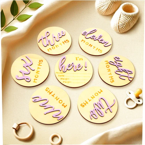 IMMISE Monthly Baby Milestone -Milestone Cards for Wooden Circles Discs, Photoshoot Props for Baby Boys & Girls, The Baby Essentials for a Newborn Gender-Neutral Baby, 3D Design,7 Pack,Pink, 4 Inch
