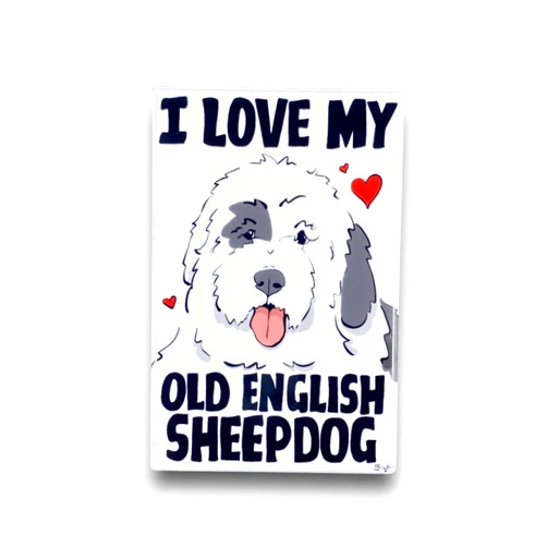 The Cloudy Corgi I Love My Old English Sheepdog Magnet, Funny Cartoon Pet Portrait Gift, Retro Art Kitchen & Office Decor 2x3