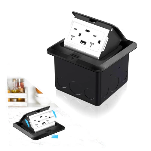 Vagueior Recessed Floor Electrical Outlet Kit,Waterproof Electrical Outlet Covcer Box,Hidden 4.8A USB A+C,20A Tamper-Resistant Receptacle Outlet with Slow Elastic Damping ，ETL Certified,Black (Black)