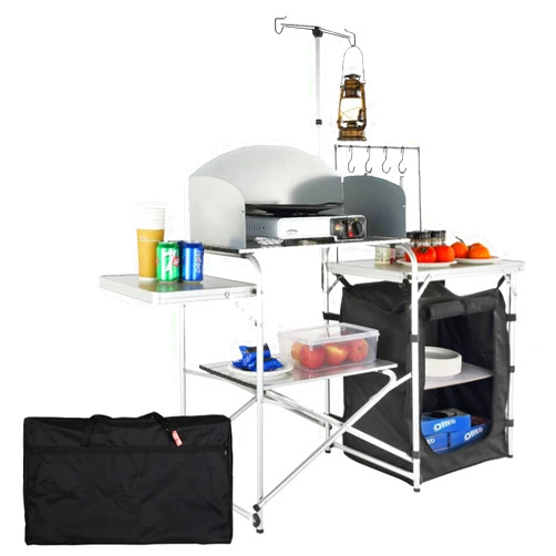 VBENLEM VEVOR Camping Kitchen Table, Aluminum Portable Folding Camp Cook Station with Windscreen, Cupboard, Storage Organizer, Carrying Bag, Quick Installation for Outdoor Picnic Beach BBQ RV Traveling, Black