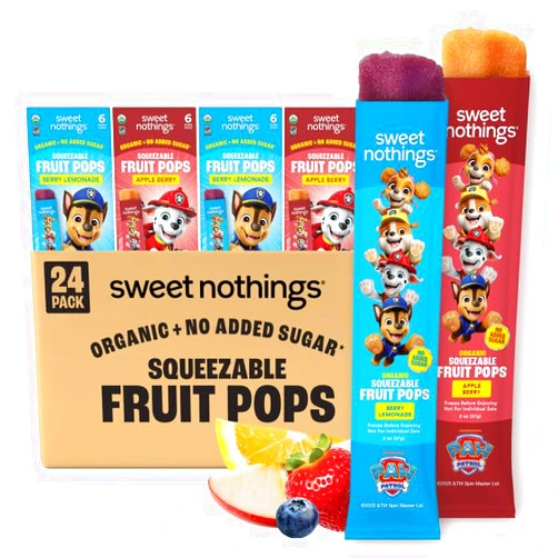 Sweet Nothings, PAW Patrol Multi Pack, USDA Organic Kids' Squeezable Super Fruit Popsicle Pops, Value Pack of 24 - Dye-Free, No Added Sugar, Dairy-Free, Vegan, Healthy Fruit Pops, Freeze & Enjoy