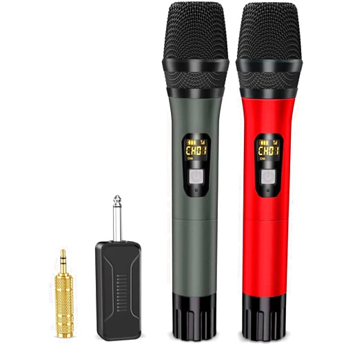 Voijump Wireless Microphones, Professional UHF Metal Dual Handheld Cordless Dynamic Mic System with Rechargeable Receiver, 1/4
