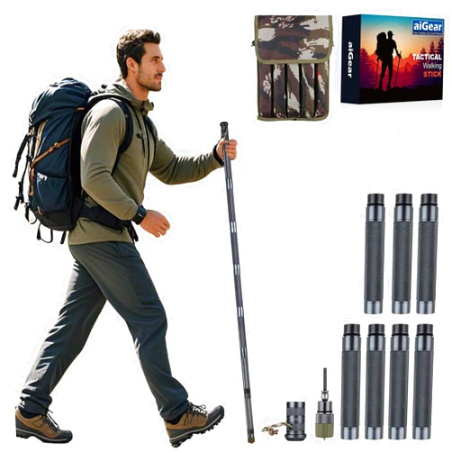 aiGear Survive Walking Hiking Stick - Outdoor Survival Hiking Staff Multitool Gear Adjustable Trekking Poles for Survival Camping Hiking