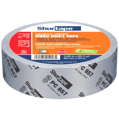 Shurtape PC 857 UL 181B-FX Listed/Printed Cloth Waterproof HVAC Duct Tape, Use to Seal Seam and Join Class 1 Flex Duct, 48mm x 55 Meters, Silver Metal Printed, 1 Roll (101015)