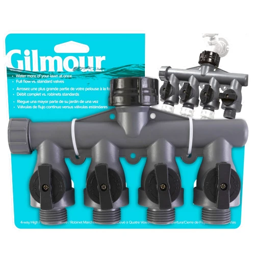 Gilmour Heavy Duty 4 Way Garden Hose Splitter, Quad Water Hose Splitter with Shut Off Valve, Polymer Water Manifold