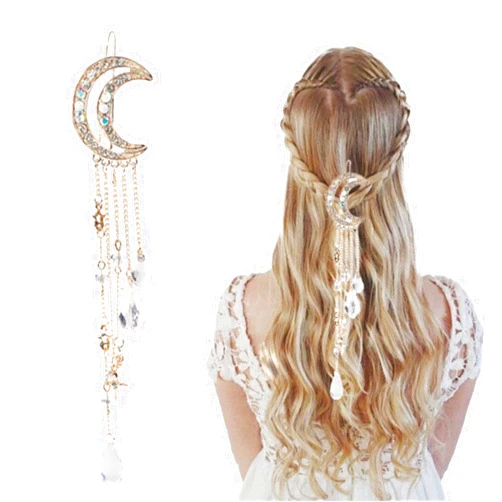 Fujiuia 2024 Romantic Rhinestone Crescent Moon Star Charm Hair Clips, Crystal Beads Tassel Drop Hair Pins Chain Hairpin for Women Girls Bridal Jewelry Hair Accessories