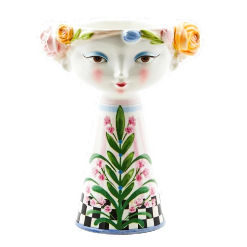 MACKENZIE-CHILDS Ceramic Vase, Unique Decorative Vase, Short, Rosy Meadow Lady