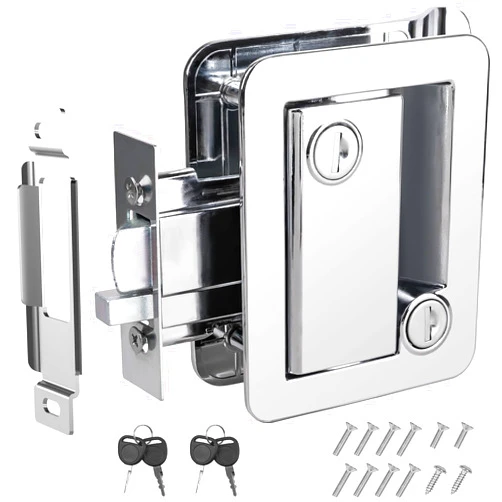 Gopyuyb Chrome RV Door Lock Replacement, Camper Door Lock, Silver Zinc Alloy Panel, RV Door Latch with 4 Keys for Travel Trailers Horse Cargo Hauler Van
