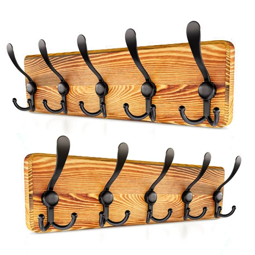 SAYONEYES Rustic Coat Rack Wall Mount, 16” Hole to Hole Solid Pine Brown Wood Wall Rack, Coat Hanger Wall Mounted with 5 Heavy Duty Tri Hooks for Hanging Coat, Towels, Hat, Jacket - 2 Pack