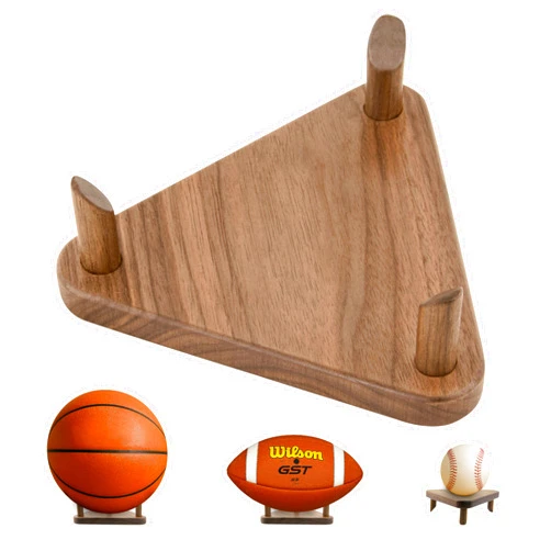 Samrion Solid Walnut Ball Display Stand – Basketball Holder, Football Stand, Soccer Ball Display Rack – Premium Wood Sports Memorabilia Display Holder – Triangle Ball Stand for Autographed Balls