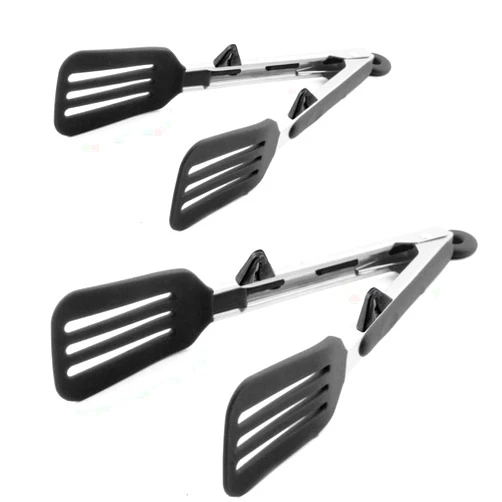Staruby Kitchen Tongs 9 inches and 12 inches Fish Spatula Stainless Steel Locking with Silicone Tips Cooking Salad Buffet BBQ Serving Tongs Heat Resistant Meat Turner Spatula Tongs, Black