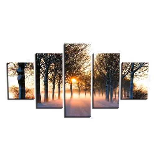 LOADID 5 Pieces Wall Art 5 Panel Wall Art Canvas Painting Winter Morning Misty Forest Sunshine Natural Landscape For Modern Bedroom, Hall, Living Room, Office Wall Decoration,Gift Large Size Framed Artwork