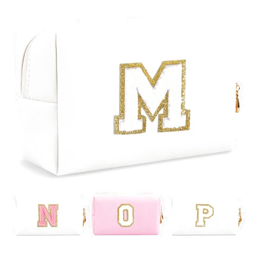 ChaoGreat Small Personalized Initial A-Z Preppy Patch Makeup Bag,White PU Chenille Letter Travel Cosmetic Pouch with Zipper,Cute Toiletry Bag,Gift Ideal for Teen Girls Women Teacher Bridesmaid,Letter M