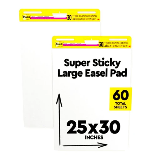 Post-it Super Sticky Easel Pad, 25 in x 30 in, White, 30 Sheets/Pad, 2 Pad/Pack, Large White Premium Self Stick Flip Chart Paper, Super Sticking Power (559)