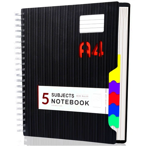 CAGIE 5 Subject Notebook with tabs 8.5'' x 11'', Hardcover Notebook with 5 Colored dividers, Spiral Notebook Wide Ruled for Work 262 Page, Multi-Subject Notebooks for School Office Supplies, Black