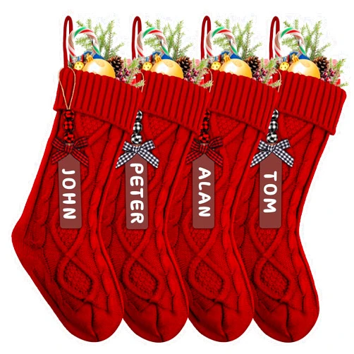 XIMISHOP 4PCS Christmas Stockings with Name Tags, 18inch Large Personalized Cable Knitted Xmas Hanging Stocking Decorations for Holiday Christmas Party Family Decor (Red)