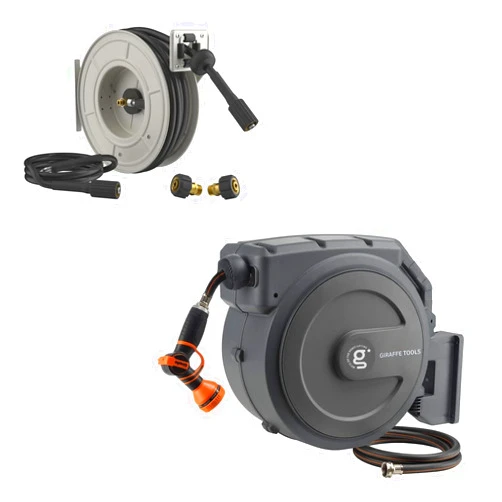 Giraffe Tools Pressure Washer Hose Reel,1/4x65 ft Retractable Pressure Washer Reel,3200PSI,2*M22-15mm Connectors and Retractable Garden Hose Reel1/2Inx130ft,Super Heavy Duty,180 Deg Swivel Bracket