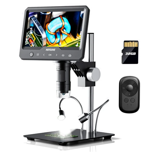 MOYSUWE Digital Microscope 1200X Coin Microscope with 7’’ Screen, 1080P Soldering Microscope for Adult, Enhanced Metal Bracket, LED Lights, PC View, Save Photo/Video, Windows/Mac Compatible, 32GB