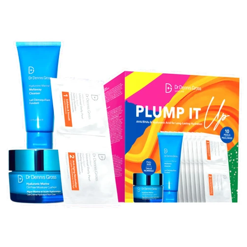Dr Dennis Gross Plump It Up Kit: 3 Piece Dry Skin Essentials Set: Includes Hyaluronic Marine Moisture Cushion, Universal Daily Peel 10 App, Hyaluronic Marine Meltaway Cleanser