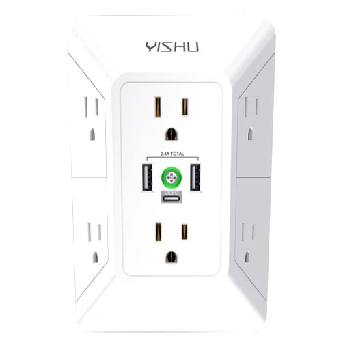 YISHU Multi Plug Outlet Surge Protector - YISHU 3 Sided Power Strip with 6 AC Outlet Extender and 3 USB Ports (1 USB C), Adapter Spaced Outlet Splitter, ETL Listed, White