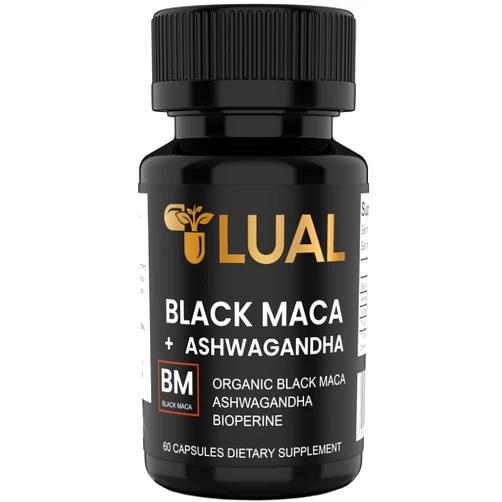 LUAL 30,000mg 30x Strength Organic Black Maca Root with Ashwagandha - Highest Potency Black Maca Root Capsules for Men - 100% Pure Maca Peruana Powder Organic, Gelatinized, Non-GMO - 60 Pills