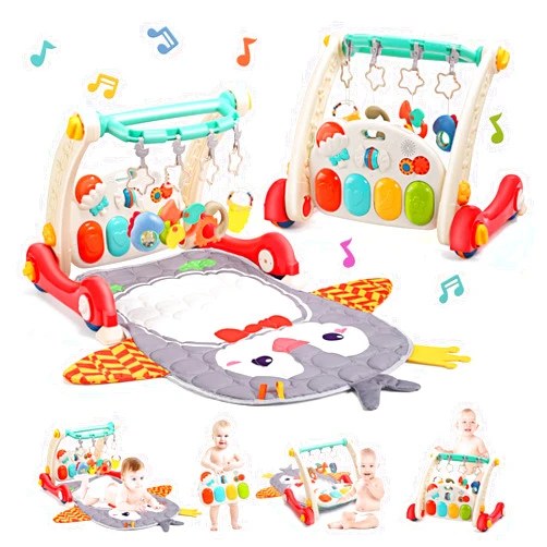 CUTE STONE Baby Gym Play Mat & Baby Learning Walker, Baby Activity Mat with Play Piano, Musical Activity Center with Lights, Baby Push Walkers & Tummy Time Mat for Infant Newborn Toddlers